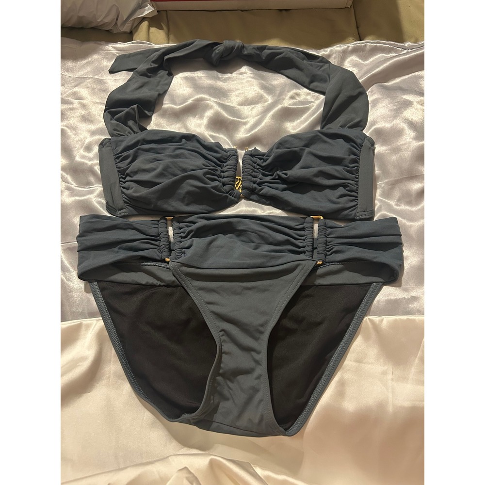Victorias Secret Gray Ruched Halter Bandeau Bikini Set Gold Hardware Womens M - Picture 7 of 7